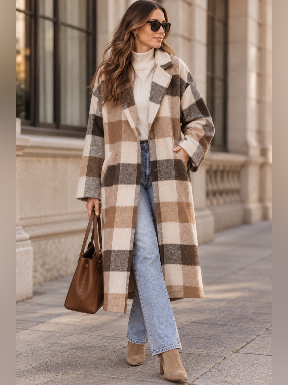 Princess Polly Plaid Oversized Long Coat Brown Cream M/L